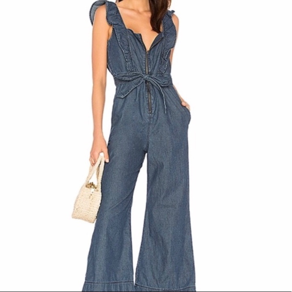 Free People wide leg, ruffle shoulder jumpsuit